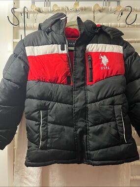 U.S. Polo Assn. Kids Black, Red & White Puffer Jacket